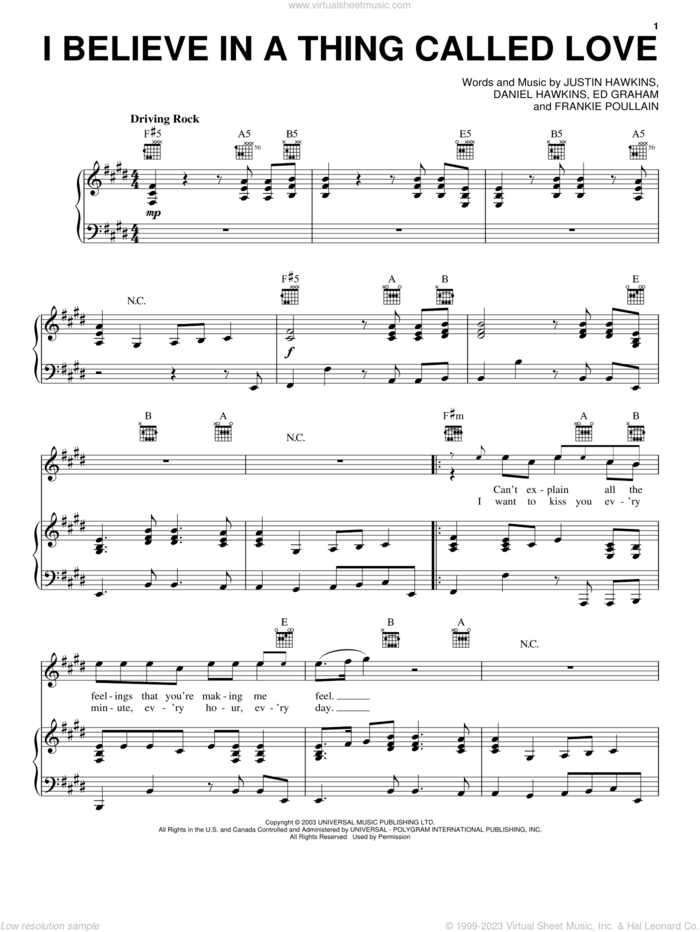 I Believe In A Thing Called Love sheet music for voice, piano or guitar by The Darkness, Daniel Hawkins, Ed Graham, Frankie Poullain and Justin Hawkins, intermediate skill level