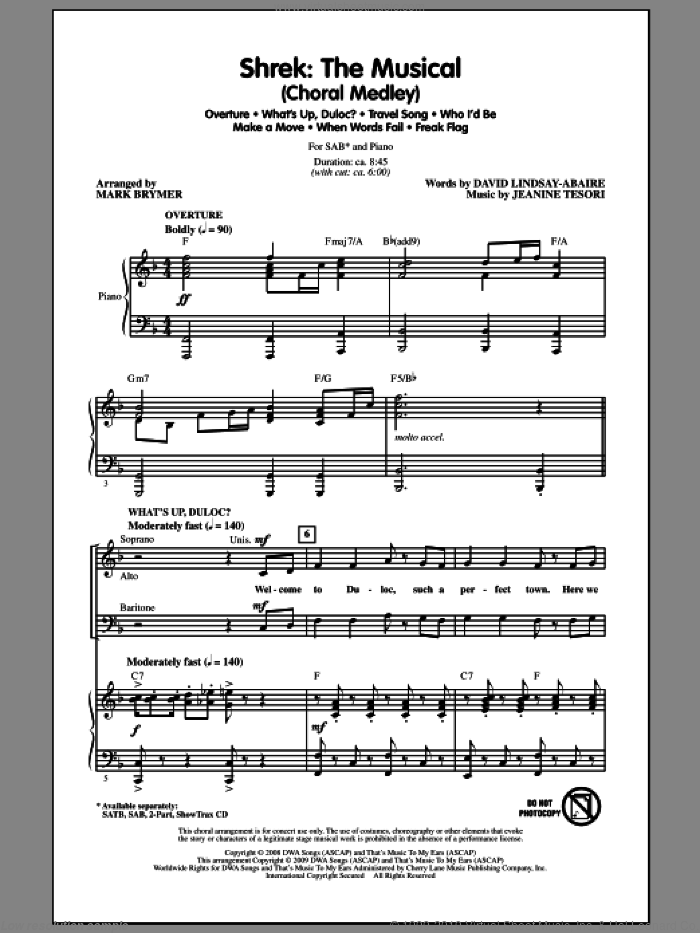 Shrek: The Musical (Choral Medley) sheet music for choir (SAB: soprano, alto, bass) by Jeanine Tesori, David Lindsay-Abaire and Mark Brymer, intermediate skill level