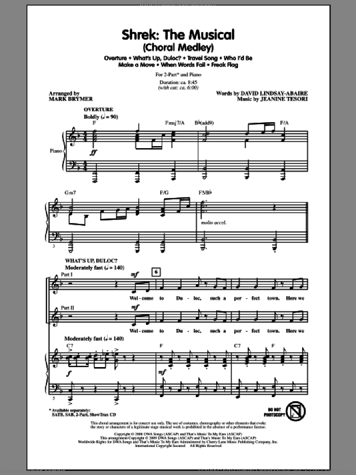 Shrek: The Musical (Choral Medley) sheet music for choir (2-Part) by Jeanine Tesori, David Lindsay-Abaire and Mark Brymer, intermediate duet