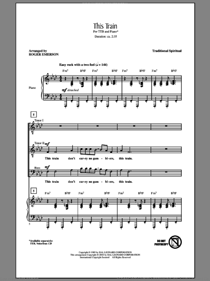 This Train sheet music for choir (TTBB: tenor, bass) by Roger Emerson and Miscellaneous, intermediate skill level