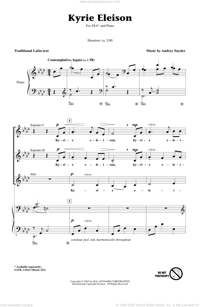 Kyrie Eleison sheet music for choir (SSA: soprano, alto) by Audrey Snyder and Miscellaneous, intermediate skill level