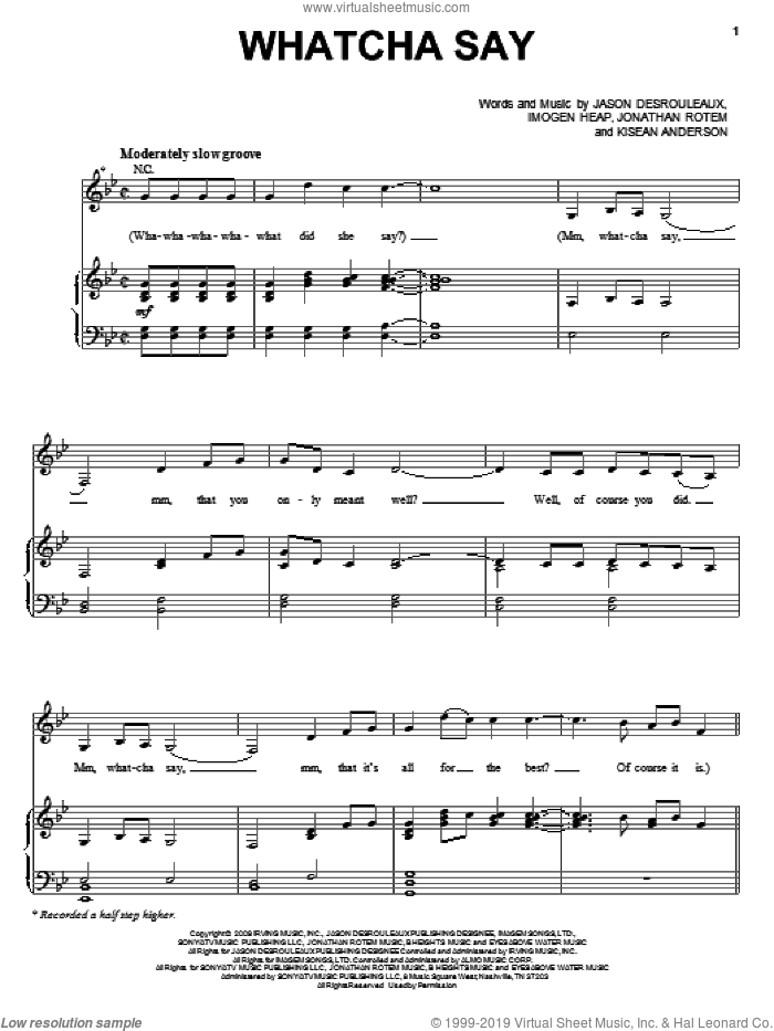 Whatcha Say sheet music for voice, piano or guitar by Jason Derulo, Imogen Heap, Jason Desrouleaux, Jonathan Rotem and Kisean Anderson, intermediate skill level