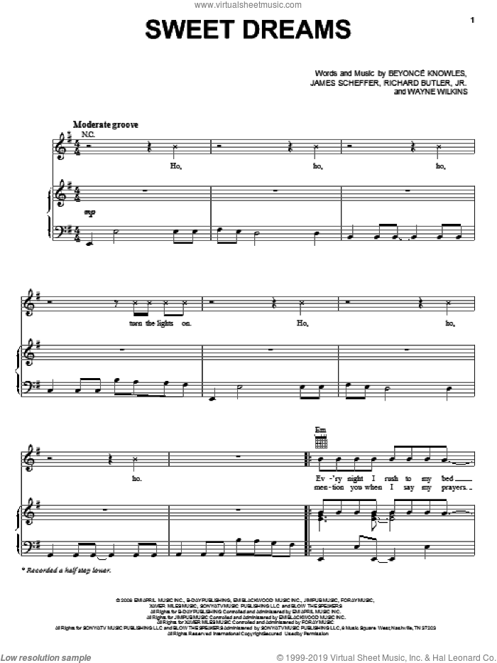 Sweet Dreams sheet music for voice, piano or guitar by Beyonce, James Scheffer, Richard Butler, Jr. and Wayne Wilkins, intermediate skill level