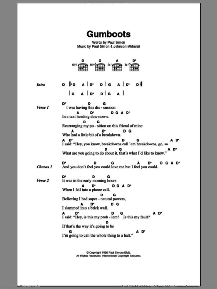 Gumboots sheet music for guitar (chords) by Paul Simon and Johnson Mkhalali, intermediate skill level