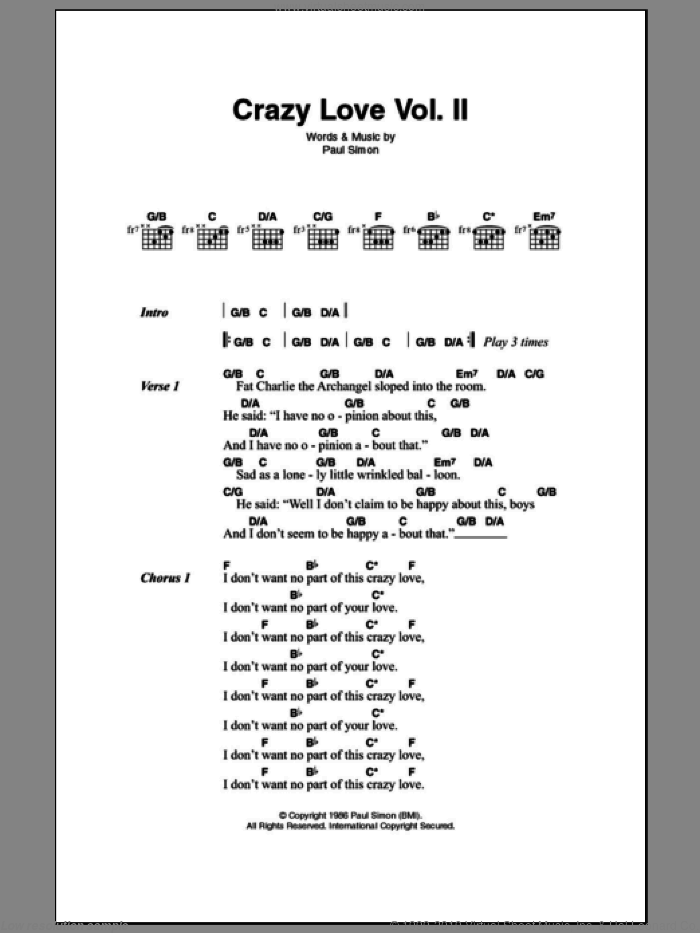 Crazy Love Vol. II sheet music for guitar (chords) by Paul Simon, intermediate skill level
