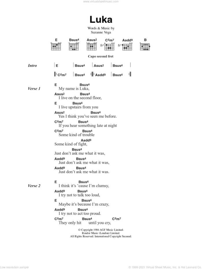 Luka sheet music for guitar (chords) by Suzanne Vega, intermediate skill level