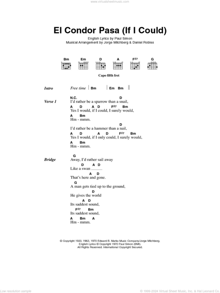 El Condor Pasa (If I Could) sheet music for guitar (chords) by Simon & Garfunkel, Daniel Robles, Jorge Milchberg and Paul Simon, intermediate skill level