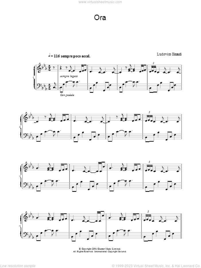 Ora sheet music for piano solo by Ludovico Einaudi, classical score, intermediate skill level