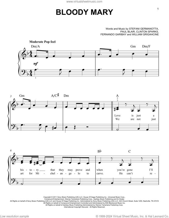 Bloody Mary sheet music for piano solo by Lady Gaga, Clinton Sparks, Fernando Garibay, Paul Blair and William Grigahcine, easy skill level