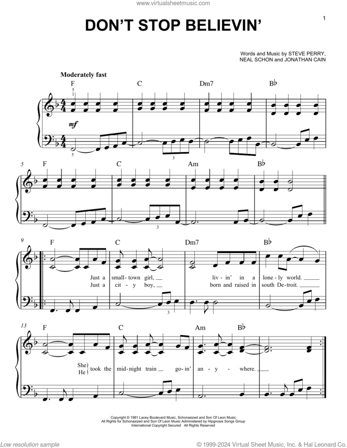 Don't Stop Believin' sheet music for piano solo by Journey, Jonathan Cain, Neal Schon and Steve Perry, easy skill level