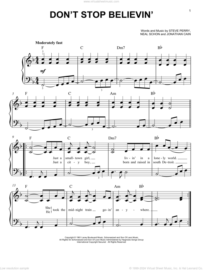 Don't Stop Believin' sheet music for piano solo by Journey, Jonathan Cain, Neal Schon and Steve Perry, easy skill level