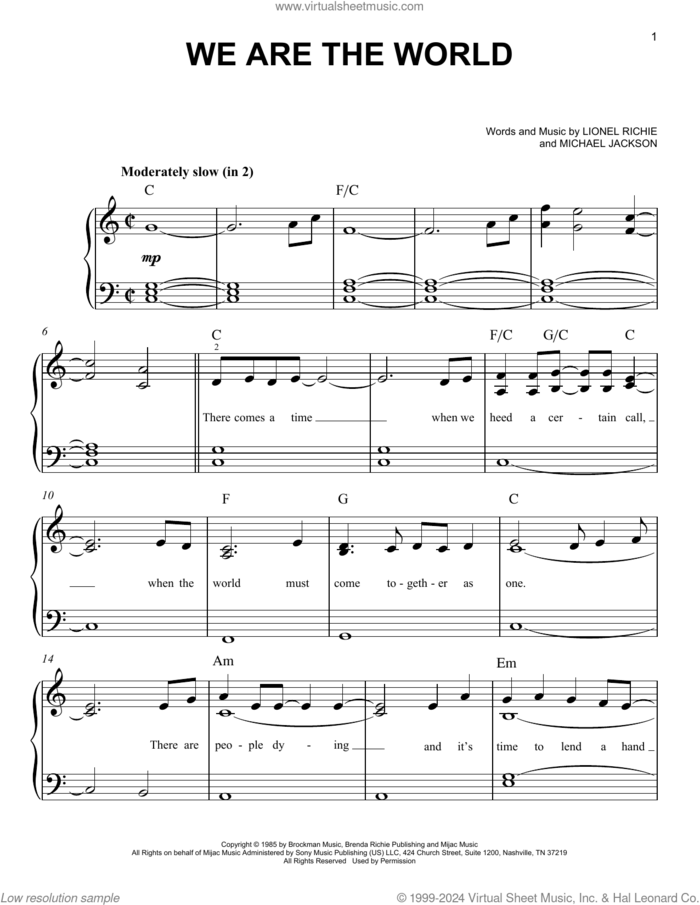 We Are The World, (easy) sheet music for piano solo by USA For Africa, Lionel Richie and Michael Jackson, easy skill level