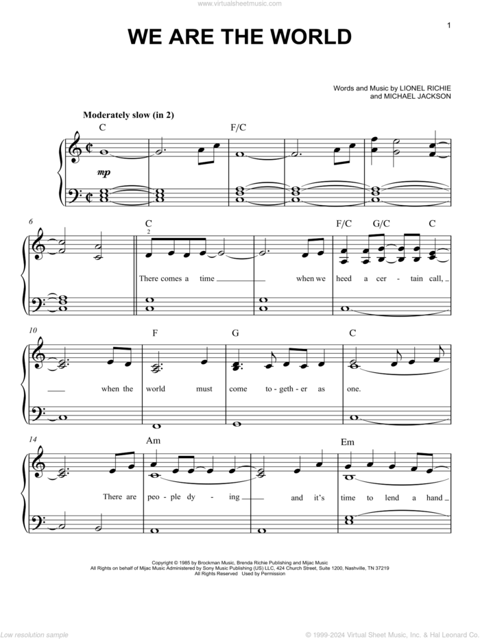 We Are The World sheet music for piano solo by USA For Africa, Lionel Richie and Michael Jackson, easy skill level