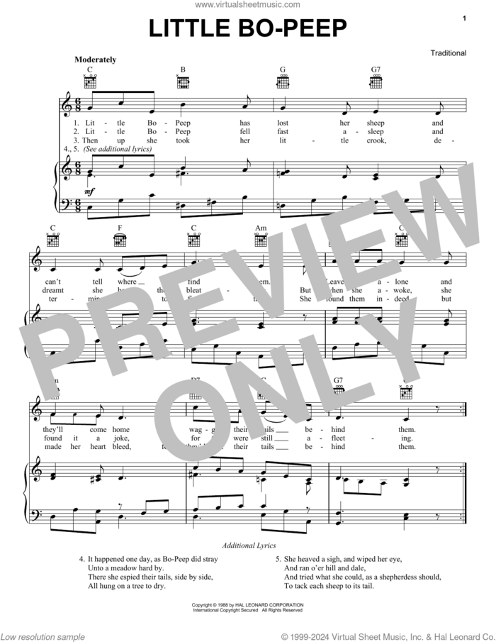 Little Bo-Peep sheet music for voice, piano or guitar, intermediate skill level
