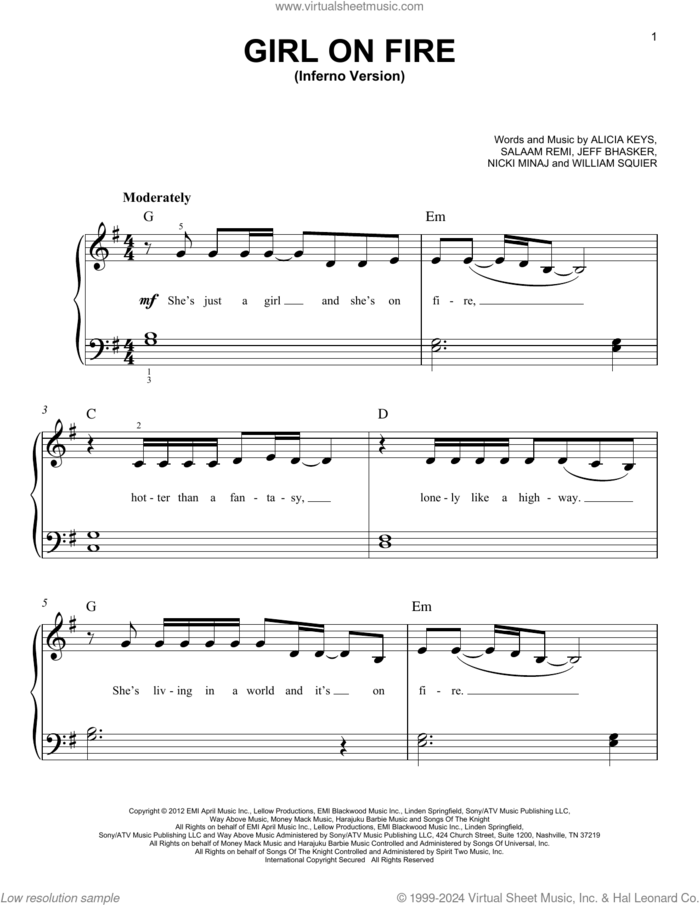 Girl On Fire (Inferno Version) sheet music for piano solo by Alicia Keys, Jeff Bhasker, Nicki Minaj, Salaam Remi and William Squier, easy skill level