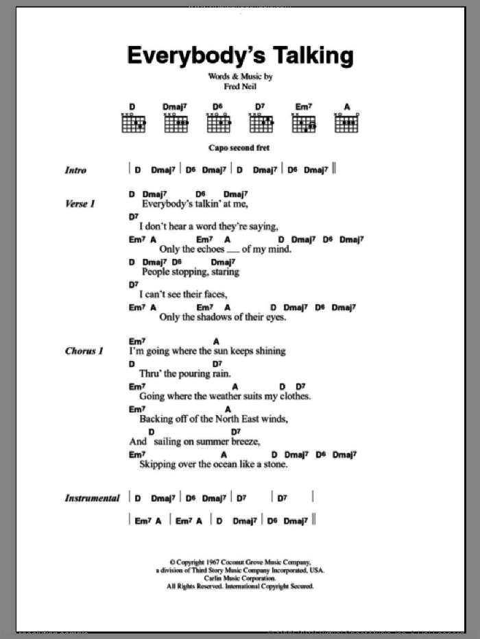 Everybody's Talkin' sheet music for guitar (chords) by Harry Nilsson and Fred Neil, intermediate skill level