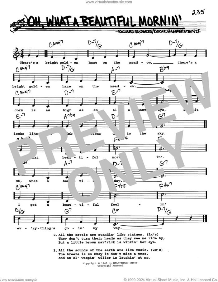 Oh, What A Beautiful Mornin' (Low Voice) sheet music for voice and other instruments (real book with lyrics) by Richard Rodgers, Oscar II Hammerstein and Rodgers & Hammerstein, intermediate skill level
