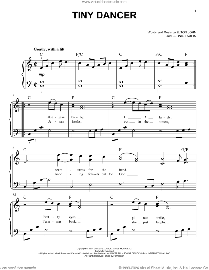 Tiny Dancer sheet music for piano solo by Elton John and Bernie Taupin, easy skill level