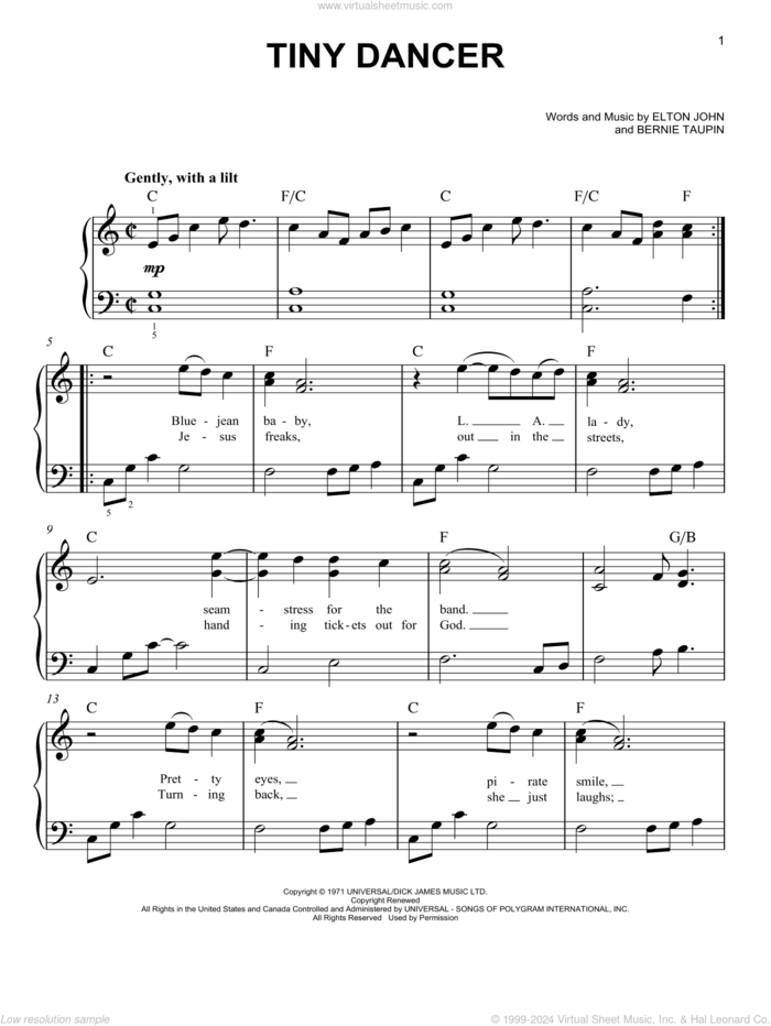 Tiny Dancer sheet music for piano solo by Elton John and Bernie Taupin, easy skill level