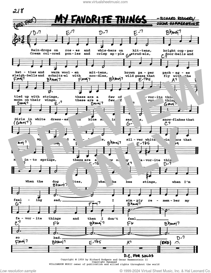 My Favorite Things (from The Sound Of Music) (Low Voice) sheet music for voice and other instruments (real book with lyrics) by Richard Rodgers, Oscar II Hammerstein and Rodgers & Hammerstein, intermediate skill level