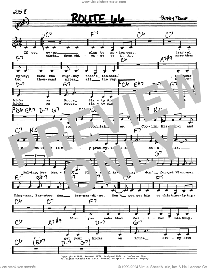 Route 66 (Low Voice) sheet music for voice and other instruments (real book with lyrics) by Bobby Troup, intermediate skill level
