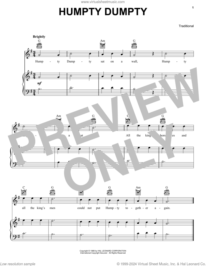 Humpty Dumpty sheet music for voice, piano or guitar, intermediate skill level