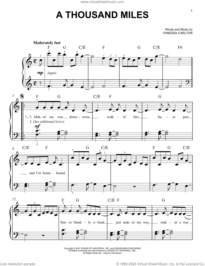 A Thousand Miles sheet music for piano solo by Vanessa Carlton, easy skill level