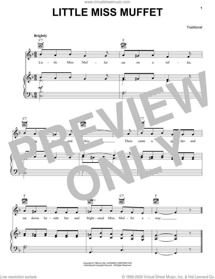 Little Miss Muffet sheet music for voice, piano or guitar, intermediate skill level