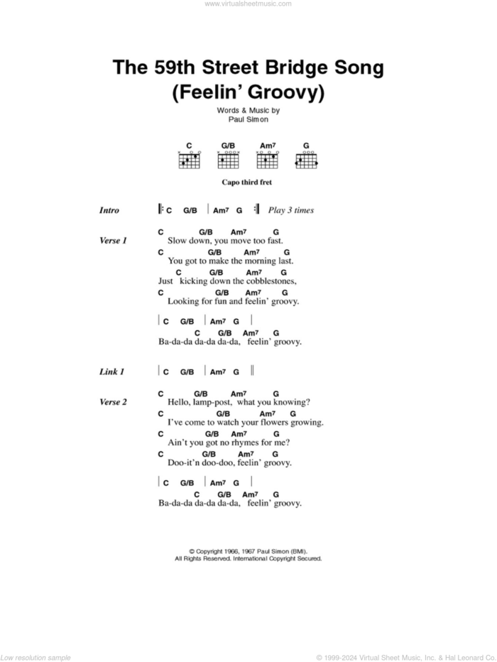 The 59th Street Bridge Song (Feelin' Groovy) sheet music for guitar (chords) by Simon & Garfunkel and Paul Simon, intermediate skill level