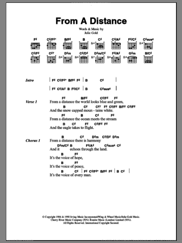 From A Distance sheet music for guitar (chords) by Bette Midler, Nanci Griffith and Julie Gold, intermediate skill level