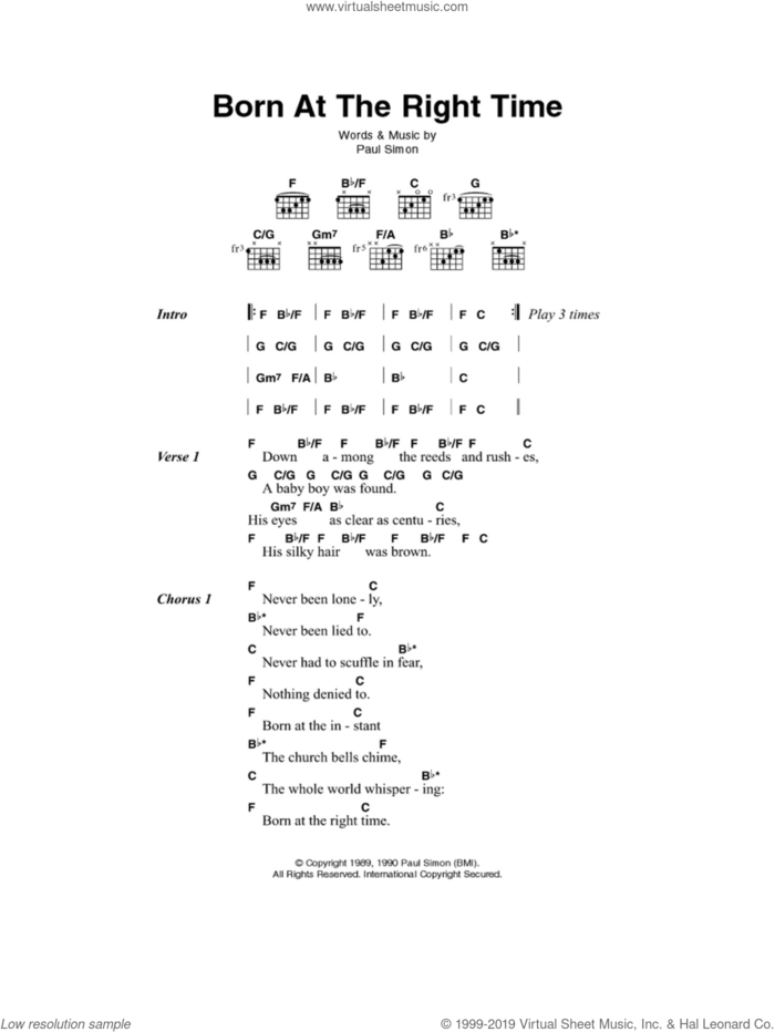 Born At The Right Time sheet music for guitar (chords) by Paul Simon, intermediate skill level