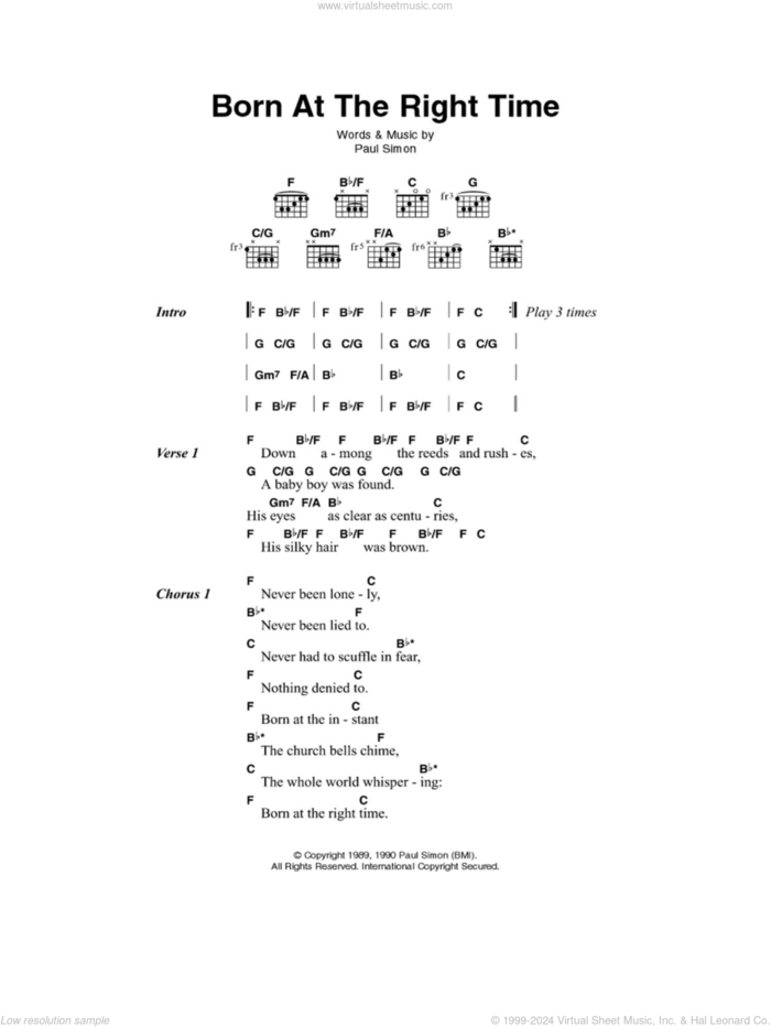 Born At The Right Time sheet music for guitar (chords) by Paul Simon, intermediate skill level