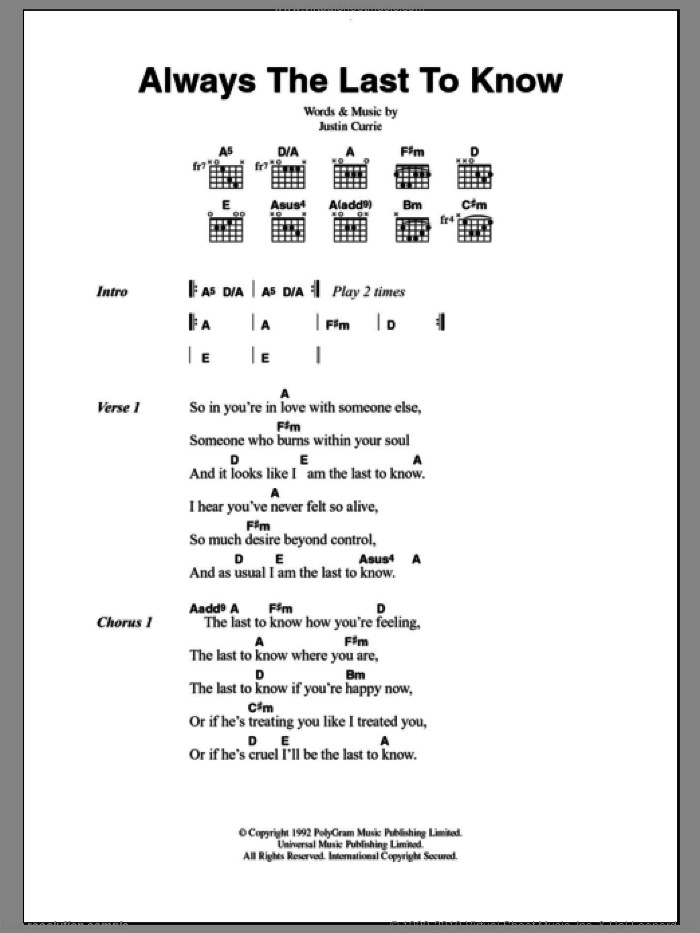 Always The Last To Know sheet music for guitar (chords) by Del Amitri and Justin Currie, intermediate skill level
