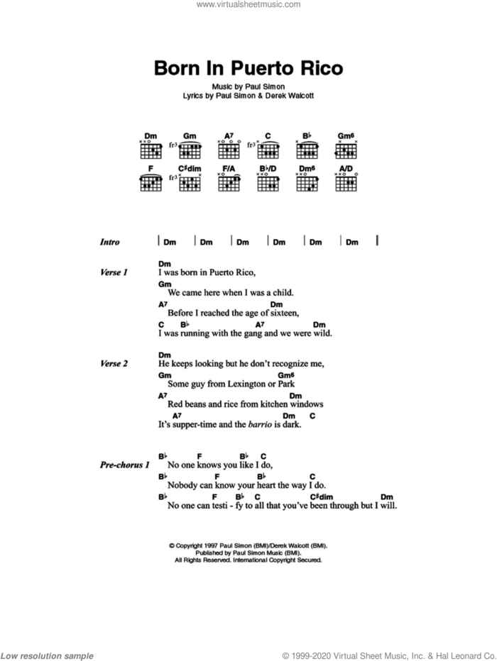 Born In Puerto Rico sheet music for guitar (chords) by Paul Simon and Derek Walcott, intermediate skill level