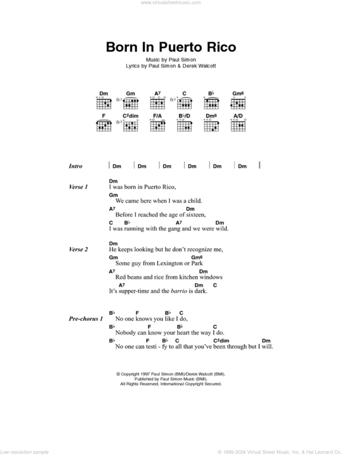 Born In Puerto Rico sheet music for guitar (chords) by Paul Simon and Derek Walcott, intermediate skill level