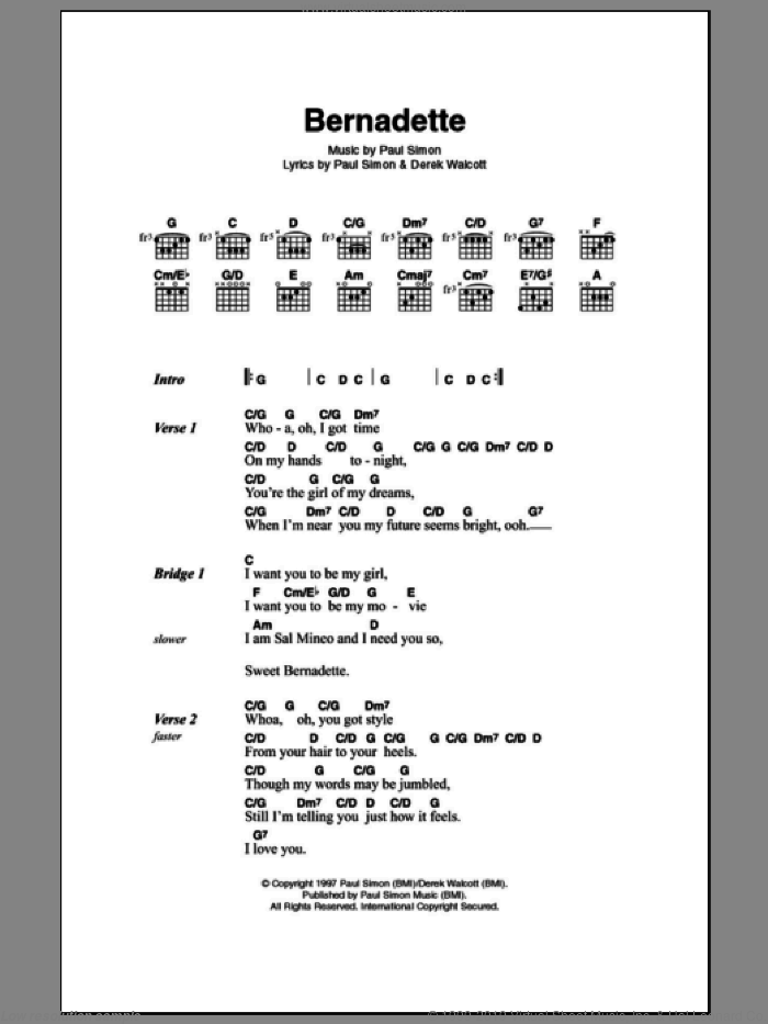 Bernadette sheet music for guitar (chords) by Paul Simon and Derek Walcott, intermediate skill level