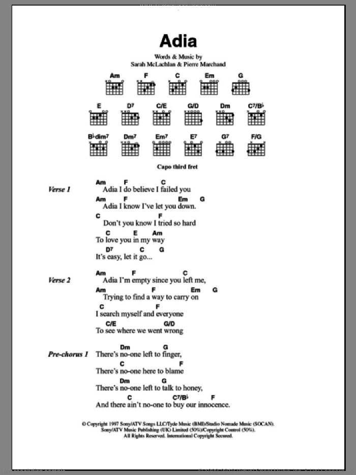Adia sheet music for guitar (chords) by Sarah McLachlan and Pierre Marchand, intermediate skill level