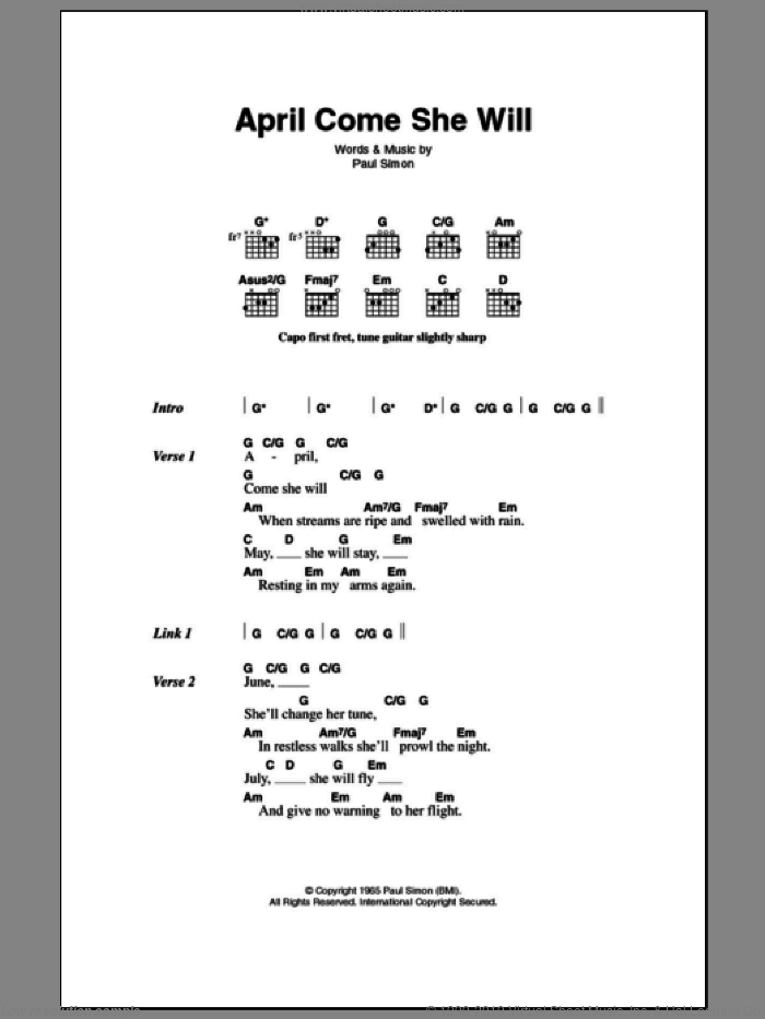 April Come She Will sheet music for guitar (chords) by Simon & Garfunkel and Paul Simon, intermediate skill level