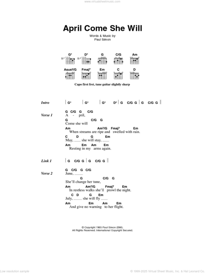 April Come She Will sheet music for guitar (chords) by Simon & Garfunkel and Paul Simon, intermediate skill level