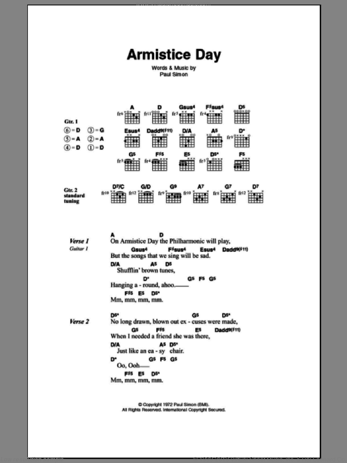 Armistice Day sheet music for guitar (chords) by Paul Simon, intermediate skill level