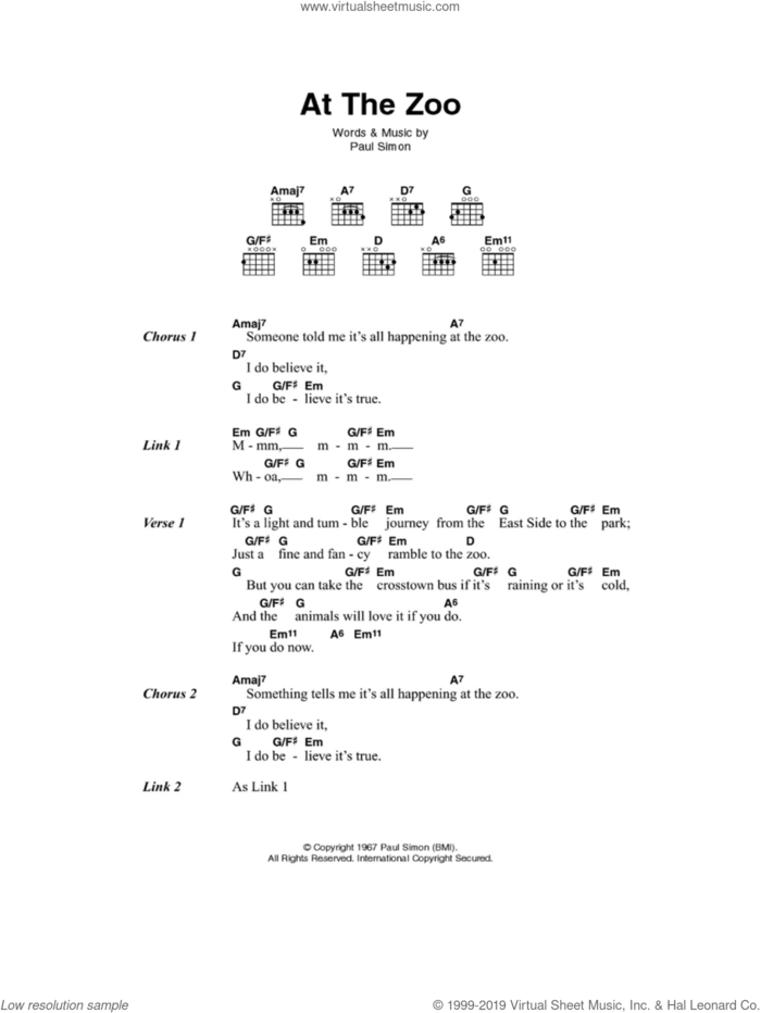 At The Zoo sheet music for guitar (chords) by Paul Simon, intermediate skill level