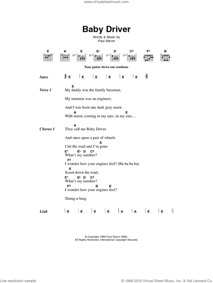 Baby Driver sheet music for guitar (chords) by Simon & Garfunkel and Paul Simon, intermediate skill level