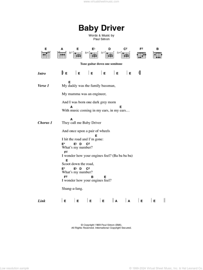 Baby Driver sheet music for guitar (chords) by Simon & Garfunkel and Paul Simon, intermediate skill level