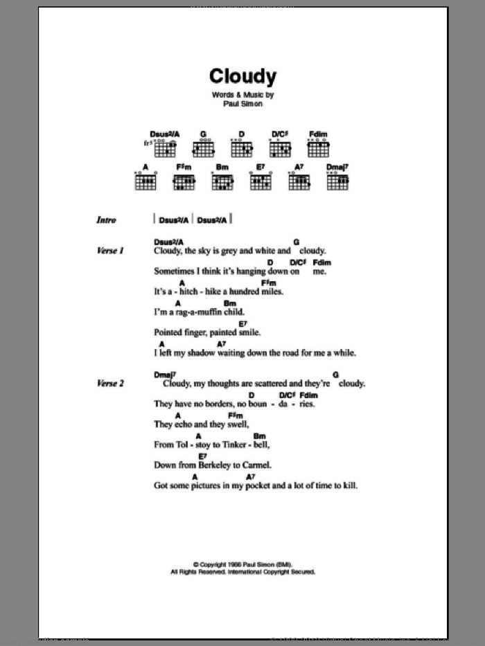 Cloudy sheet music for guitar (chords) by Simon & Garfunkel and Paul Simon, intermediate skill level
