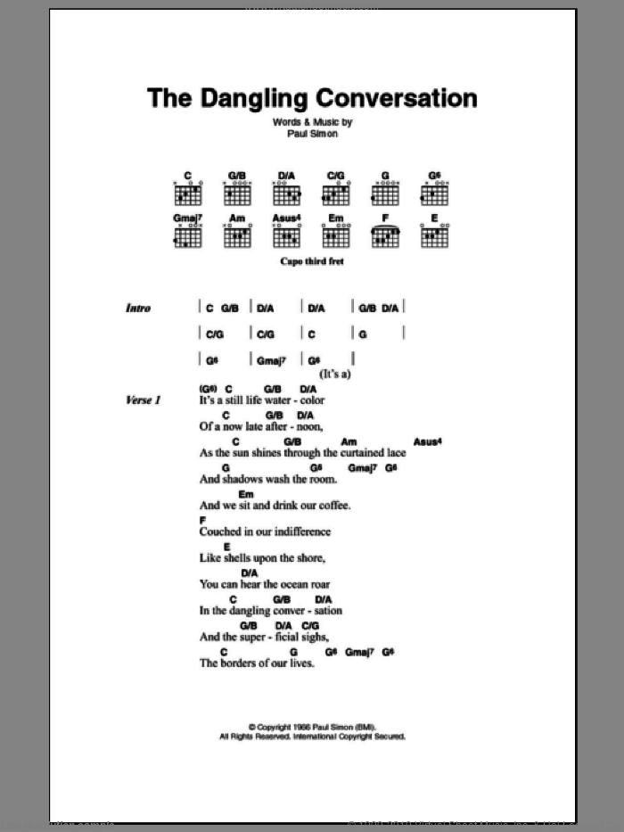 The Dangling Conversation sheet music for guitar (chords) by Simon & Garfunkel and Paul Simon, intermediate skill level