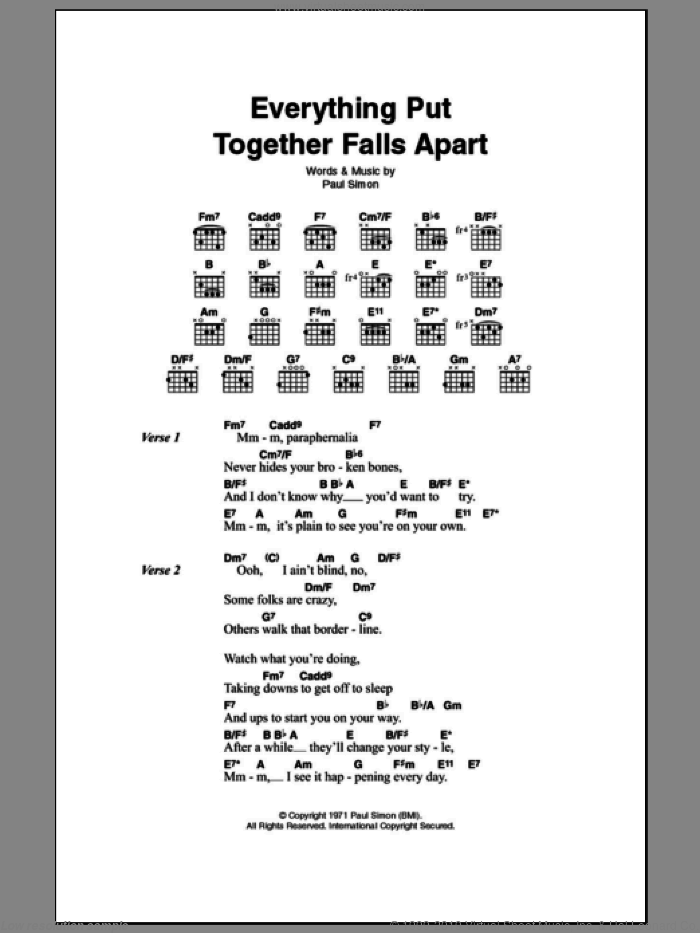 Everything Put Together Falls Apart sheet music for guitar (chords) by Paul Simon, intermediate skill level