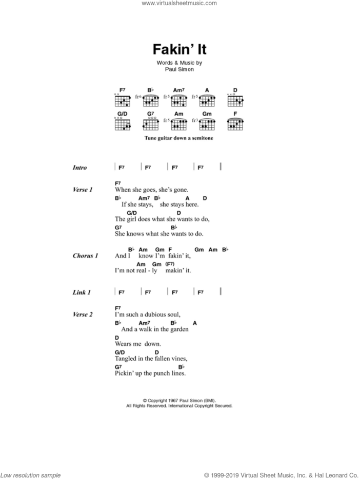 Fakin' It sheet music for guitar (chords) by Simon & Garfunkel and Paul Simon, intermediate skill level
