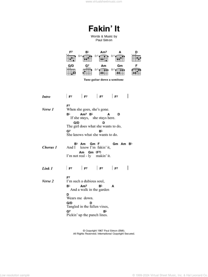 Fakin' It sheet music for guitar (chords) by Simon & Garfunkel and Paul Simon, intermediate skill level