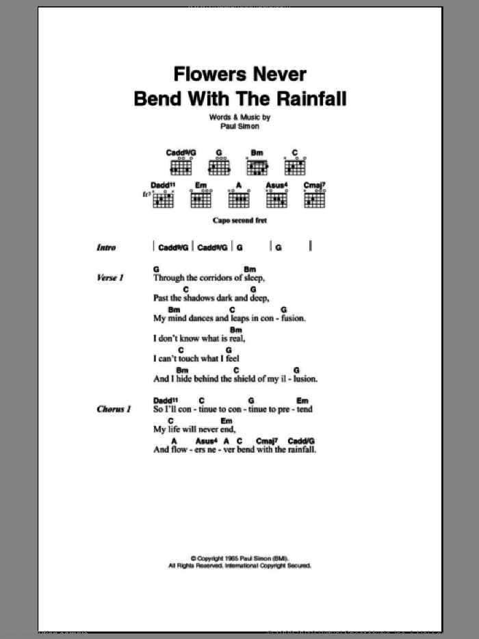 Flowers Never Bend With The Rainfall sheet music for guitar (chords) by Simon & Garfunkel and Paul Simon, intermediate skill level