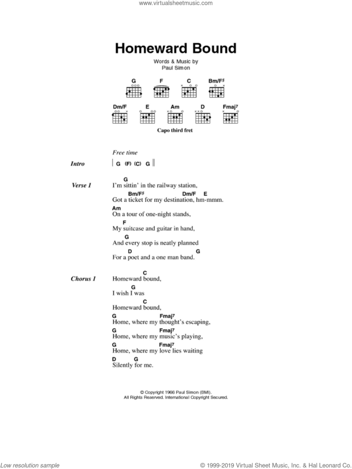 Homeward Bound sheet music for guitar (chords) by Simon & Garfunkel and Paul Simon, intermediate skill level